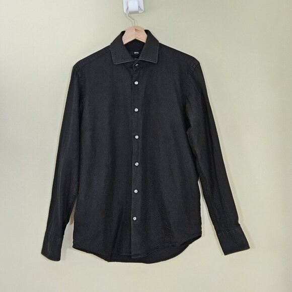 Hugo Boss Shirt Mens 15 1/2 Black LS Button Up Two Ply Cotton Rounded Hem Twill - Picture 1 of 16
